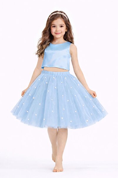 SUNEH Kız Çocuk İnci Detaylı Bebe Mavi Tütü Etek Doğum Günü Mezuniyet Parti Etek