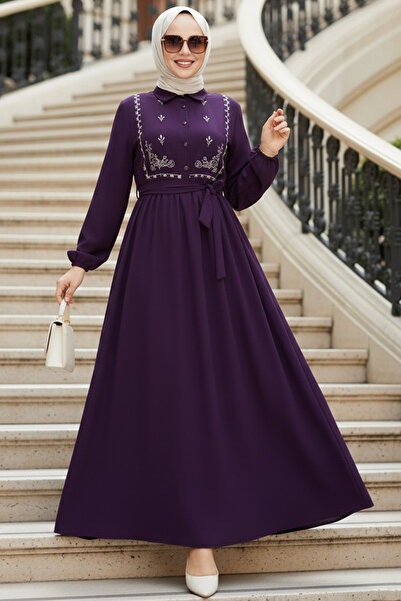 N.S NEVA STYLE Purple Hijab Dress with Pattern Detail 10304Mor