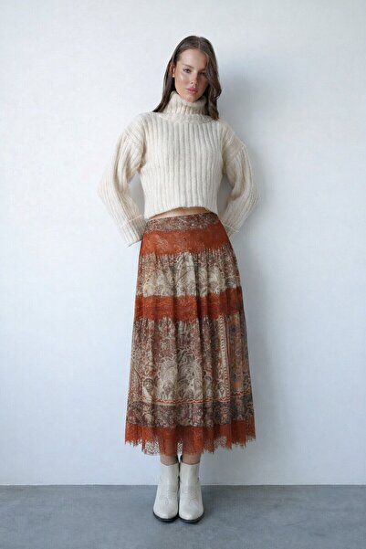 VAGGON Lace Detailed Patterned Maxi Skirt