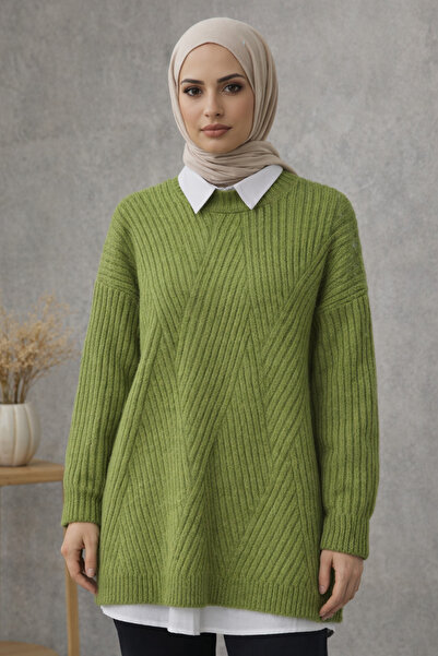Kirazgym Stripe Patterned Soft Knitwear Sweater with Crew Neck - Green
