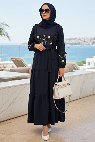 N.S NEVA STYLE Patterned Navy Blue Hijab Dress 10327L