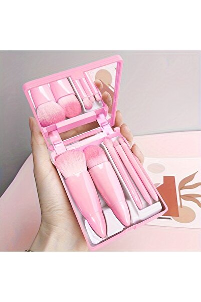 Choice1 Pink 5Pcs Portable Makeup Brush Set With Mirror - Foldable Travel Kit...