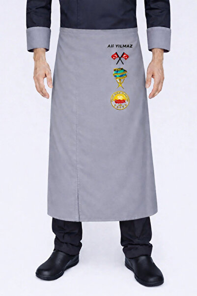 Üniformanya هدية تحمل اسمًا، مريلة طهي مطرزة باللون الرمادي بتصميم العلم التر...