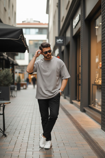 INFLUYENTE Men's Oversize Single Jersey Combed 100% Cotton Fabric Crew Neck T...