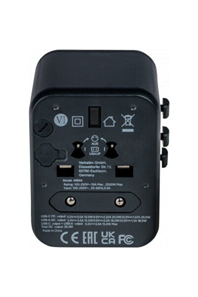 Verbatim Adaptor universal UTA-02, QC 3.0, PD30W Priză cu USB-C 20W PD și USB...