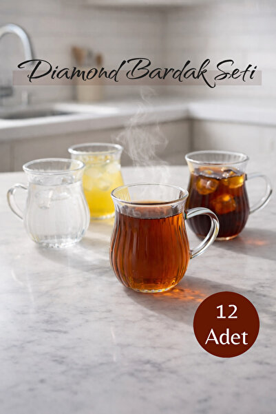 Kitchen Way 12’li 200 ML Borosilikat Kulplu Çizgi Desenli Diamond Cam Bardak ...