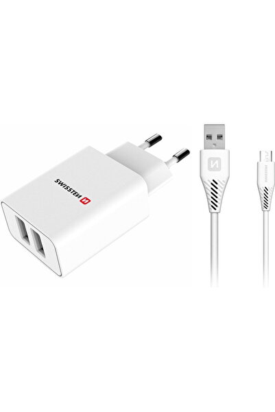 SWISSTEN with MicroUSB Travel cable, 2 X USB, 2.1A, White