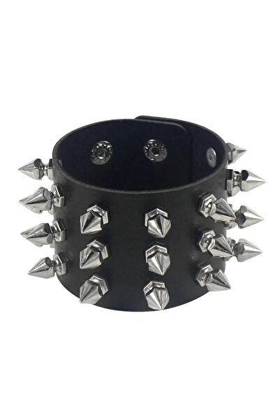 Choice سوار أسود مرصع بثلاثة مسامير من جلد الصناعي، بتصميم بانك، مناسب للمناس...