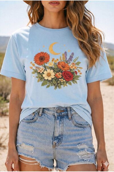 BW Bravely Wear تيشيرت نسائي أساسي برقبة دائرية مطبوع عليه الورد والبابونج