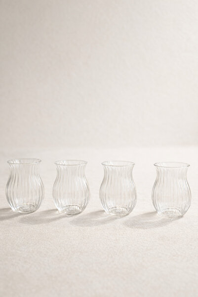 Kitchen Way Set of 4 200 ml Borosilicate Line Patterned Glass Diamond Cups Heat Resistant Transparent Kw-721