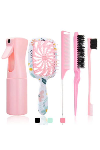 Choice مجموعة فك تشابك وتصفيف الشعر مكونة من 5 قطع باللون الوردي: مشط تدليك م...