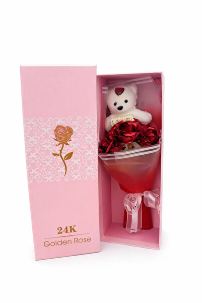 LOVE Gift box with soap roses and teddy bear, bouquet type, 24K, 26 x 9 x 6 cm