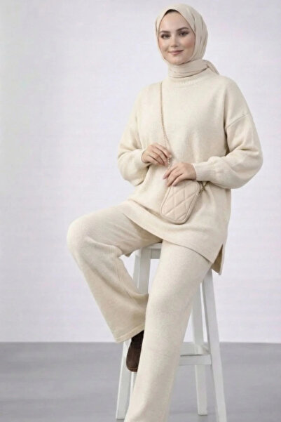 bysoca Women's Ecru Balloon Sleeve Half Turtleneck Tunic Wide Leg Pants 2-Pie...