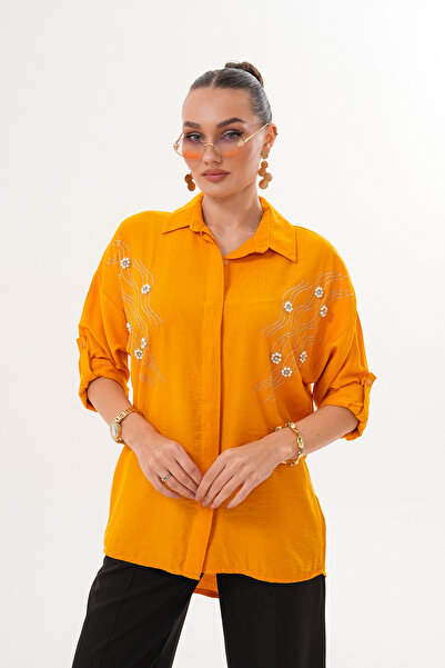 ZENA BY ÇETİN LEVENT Pearl and Stone Embellished Loose Cut Women's Shirt |   ...