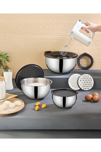 AKYUZHOME Pratikşef 9-Piece Grater Mixing and Storage Container Stainless Ste...