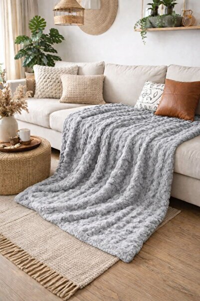 YÜNTEKS Sarar Bubble Rabbit Fur Sofa Cover, Sofa Shawl, Blanket 175*215, Gray