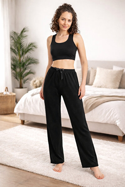 LİLORA Premium Fransız Kadife Siyah Kadın Pijama Altı