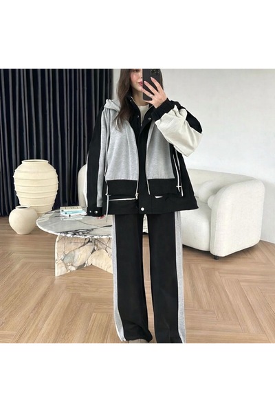 timagna Kadın Alt Üst Takım Katman Görünümlü Oversize Kontrast Renk Geçişli F...