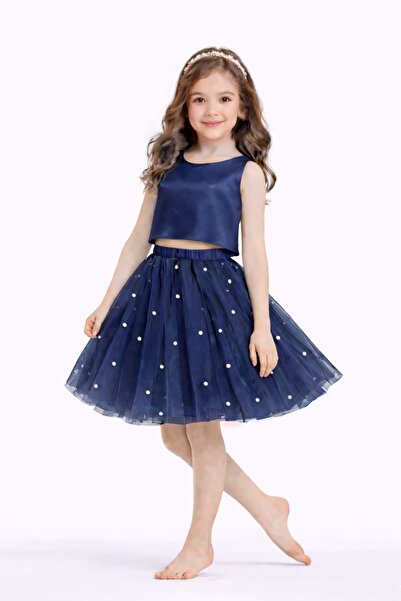 SUNEH Kız Çocuk İnci Detaylı Lacivert Tütü Etek Doğum Günü Mezuniyet Parti Etek