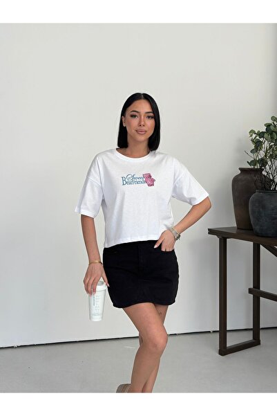 moda paketi Candybear Printed Crop T-Shirt – Oversized Cut, Back Printed Wome...