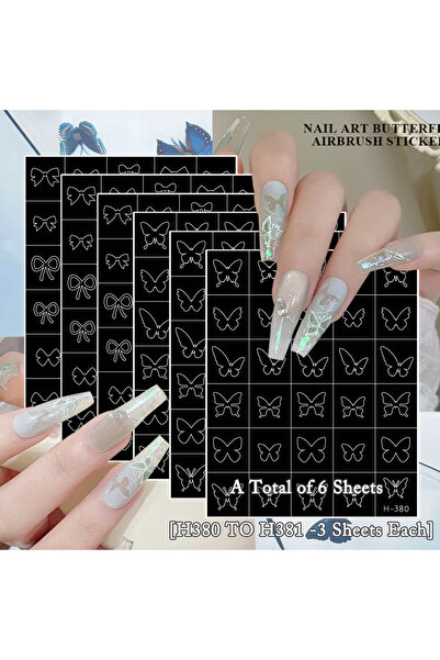 Choice النمط 4 (6 أوراق) 3/6/12 ورقة استنسل أظافر أسود وأبيض على شكل فراشة وف...