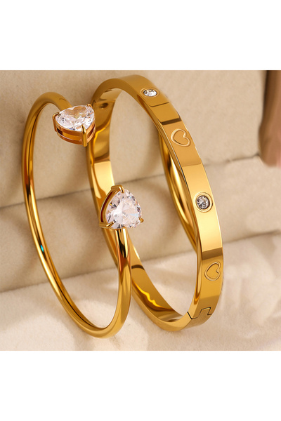 Choice طقم سوار مفتوح على شكل قلب مرصع بالزركونيا من الفولاذ المقاوم للصدأ ال...