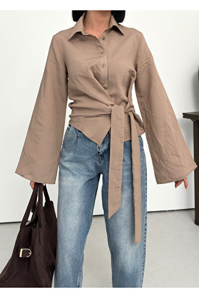 AYKA WEAR Women's Burgundy Spanish Sleeve Tie Waist Belted Shirt Pearl