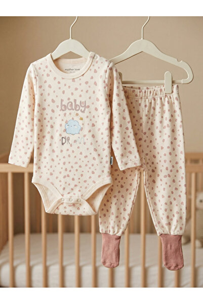 %100 Organik Pamuk Bebek Uzun Kollu Body Zıbın Ve Kendinden Çoraplı Alt Pijama 2'li Takım
