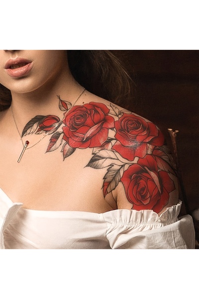 Choice ملصقات وشم مؤقتة أحادية اللون على شكل وردة حمراء للذراع والساق، بتصميم...