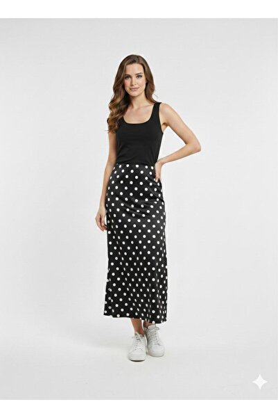 Green'DAL Kadın Puantiyeli Midi Boy Yüksek Bel Günlük Şık Etek