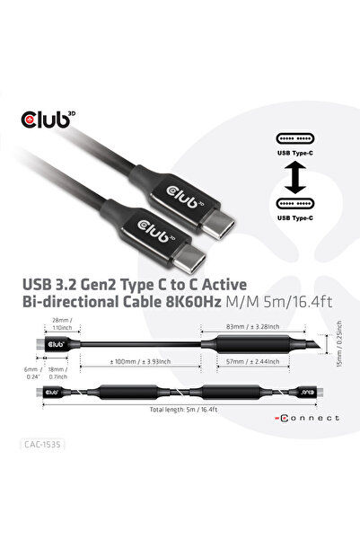 Club 3D Cablu bidirecțional activ CLUB3D USB 3.2 Gen2 Tip C la C 8K60Hz M/M 5...