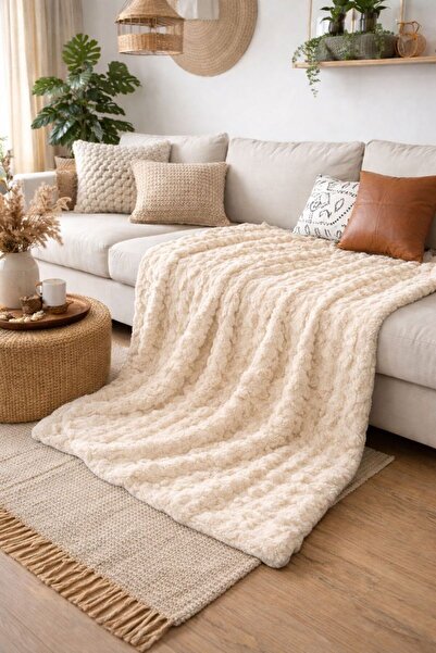 YÜNTEKS Sarar Bubble Rabbit Fur Sofa Cover, Sofa Shawl, Blanket 175*215, Cream