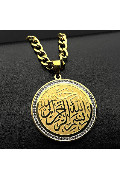 Choice قلادة إسلامية من الفولاذ المقاوم للصدأ مطلية بالذهب مرصعة بأحجار الراي...