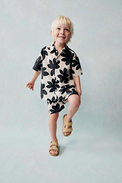 Magu Boy's Cotton Beige Black Patterned Shirt and Shorts Set