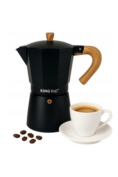 Kinghoff Coffee machine, aluminum espresso maker, 6 cups 300 ml, black/wood l...