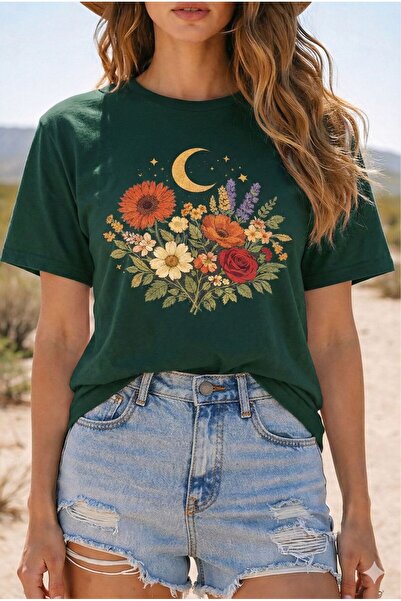 BW Bravely Wear تيشيرت نسائي أساسي برقبة دائرية مطبوع عليه الورد والبابونج