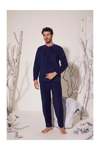 KLY Set de pijamale din fleece cu guler midi pentru bărbați 7306-Albastru închis