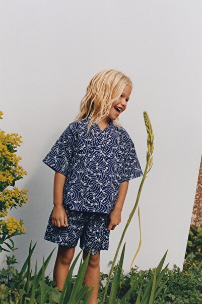 Magu Unisex Kids' Cotton Navy Blue Patterned T-Shirt and Shorts Set