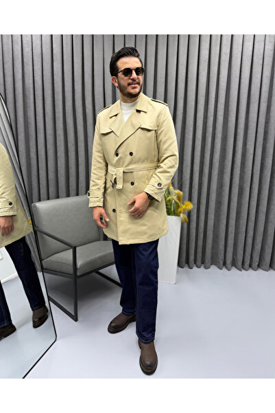 Avni Ceylan Men's Classic Double Button Double-Breasted Belted Trench Coat