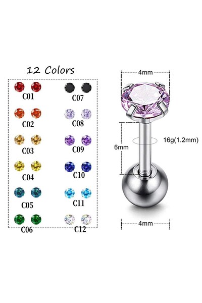 Choice 1Pairs C12 Ball Backs 12 Pairs CZ Ear Stud Mixed Colors Cartilage Earr...
