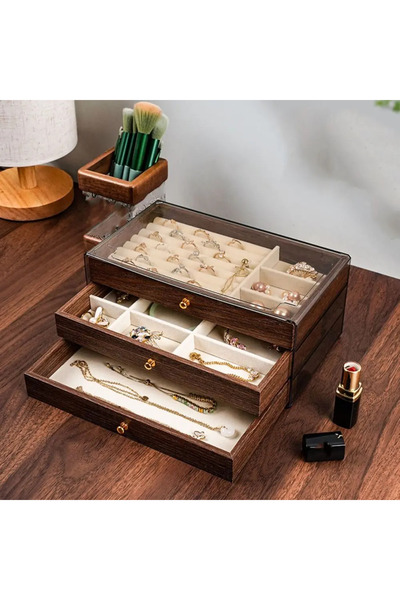 Choice صندوق مجوهرات خشبي متعدد الطبقات من النوع الثاني، مزود بنافذة شفافة، ل...