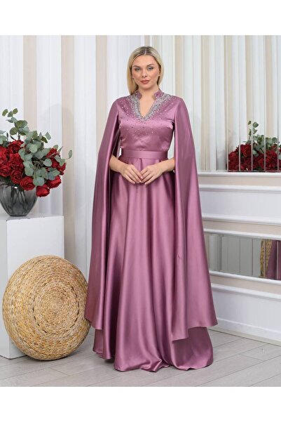 Diazz Fashion Pelerin Kollu V Yaka Kristal Taş İşlemeli Saten Abiye Elbise