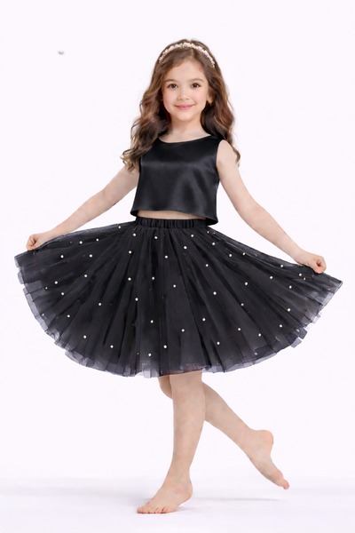 SUNEH Fusta tutu neagră cu detalii perle pentru fete, fustă pentru petrecerea...