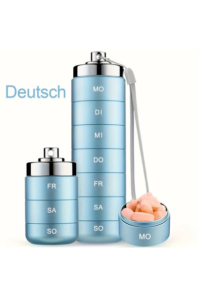 Choice منظم أقراص معدني أزرق [طباعة ألمانية] للسفر، منظم فيتامينات محمول قابل...