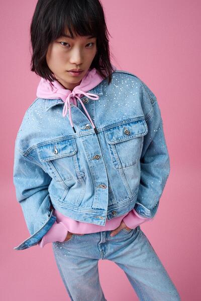 Bershka Işıltılı crop denim ceket