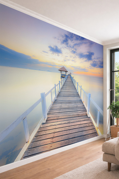 dreamwall 3D Görünümlü Deniz Manzaralı ve Ahşap İskele Desenli Tek Parça Teks...