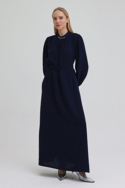 VAVİNOR Yakası Taşlı Kemerli Elbise - Lacivert