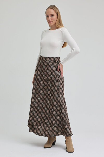 VAVİNOR Ekoseli Kapaklı Etek - Vizon