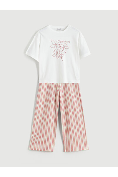 LC Waikiki Tricou cu guler rotund pentru fete și pantaloni