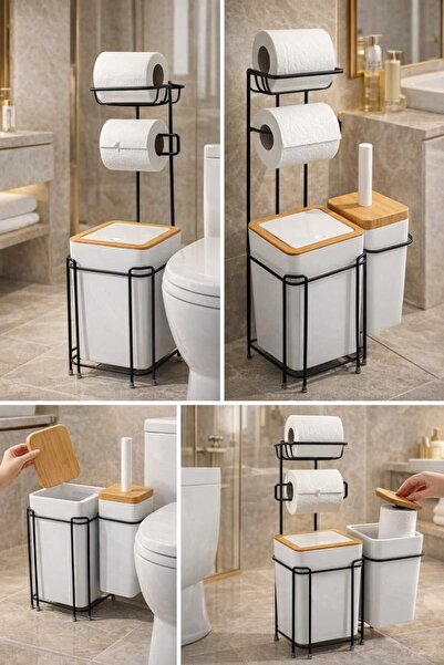 sitil eviniz Beyaz-Ahşap 2'li Telli Kare WC Kağıtlığı Fırçalığı Çöp Kovası Se...